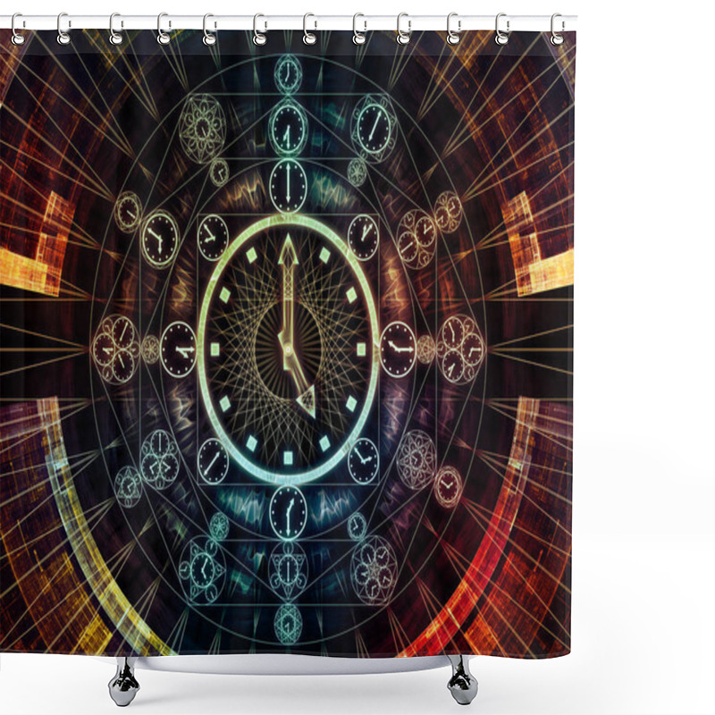 Personality  Circles Of Time Series. Background Design Of Clock Symbols And Fractal Elements On The Subject Of Science, Education And Prediction Shower Curtains