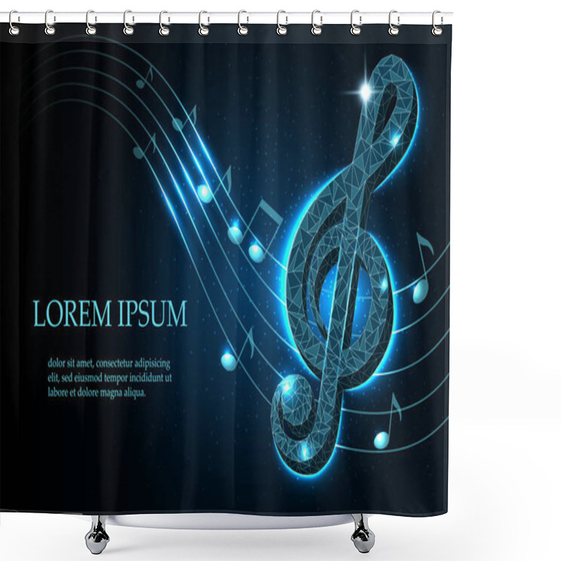 Personality  Music Treble Clef And Notes In Swirl On A Dark Blue Starry Sky Background In Polygonal Style, Mockup Layout For Design, Vector Illustration. Shower Curtains