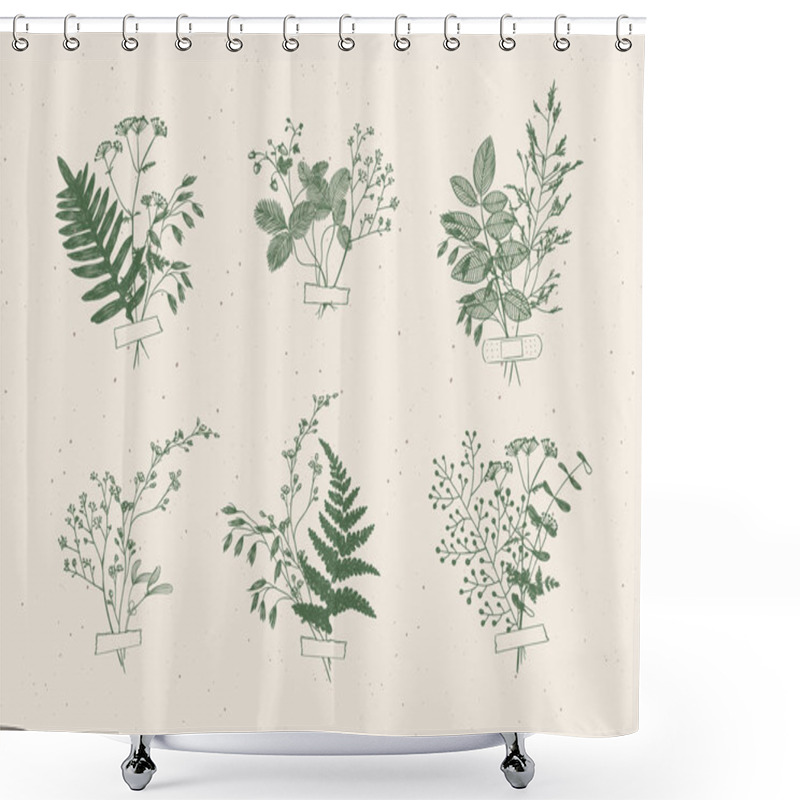 Personality  Branches And Leaves Are Collected Into A Bouquet With Sticker Drawing In Green Color On Beige Background Shower Curtains