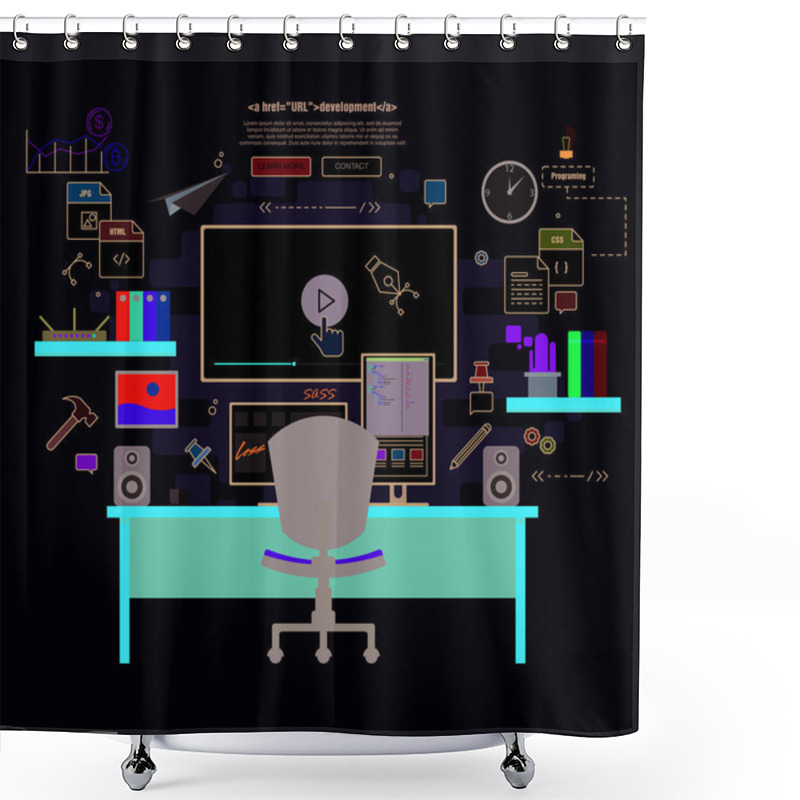 Personality  Programmer Working Place With Two Monitors Shower Curtains