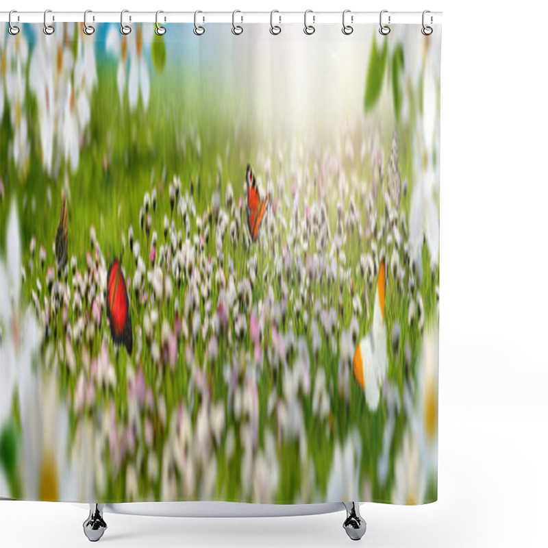 Personality  Dreamland Spring Landscape Panorama With Flowers And Butterflies Shower Curtains