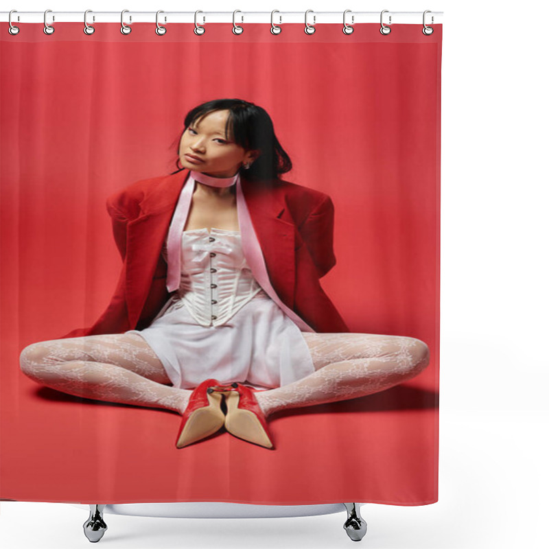 Personality  An Elegant Asian Woman Showcases A Fashionable Red Outfit, Exuding Confidence And Grace. Shower Curtains