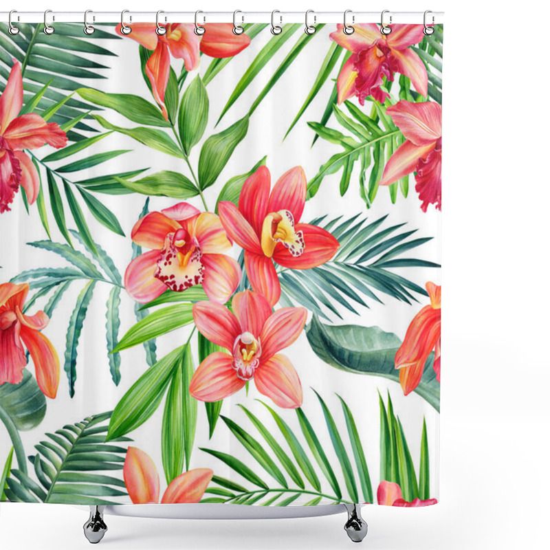 Personality  Tropical Seamless Pattern. Orchids Flowers. Palm Leaves, Exotic Plants. Jungle Botanical Illustration. High Quality Illustration Shower Curtains