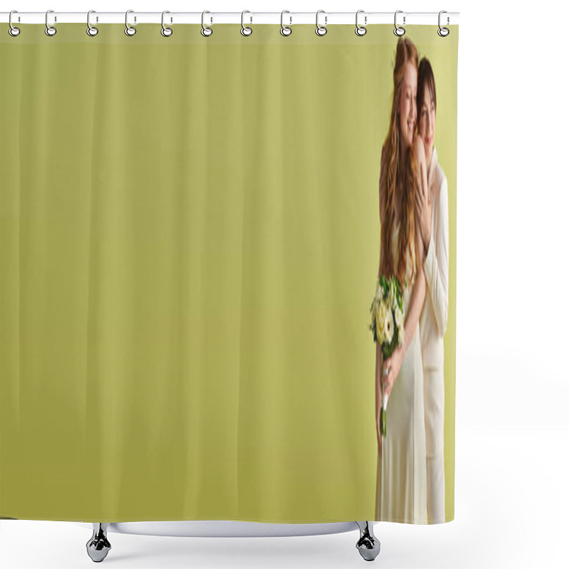 Personality  Two Brides In White Wedding Attire Embrace Against A Green Background. Shower Curtains