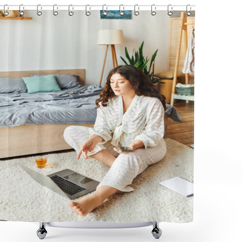 Personality  A Young Beautiful Plus Size Woman Relaxes At Home, Engaged In Creative Work On Her Laptop. Shower Curtains