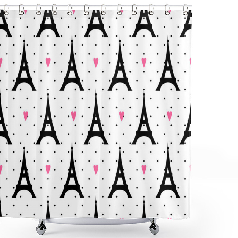 Personality  Tour Eiffel With Hearts Seamless Pattern On Polka Dot Background. Shower Curtains