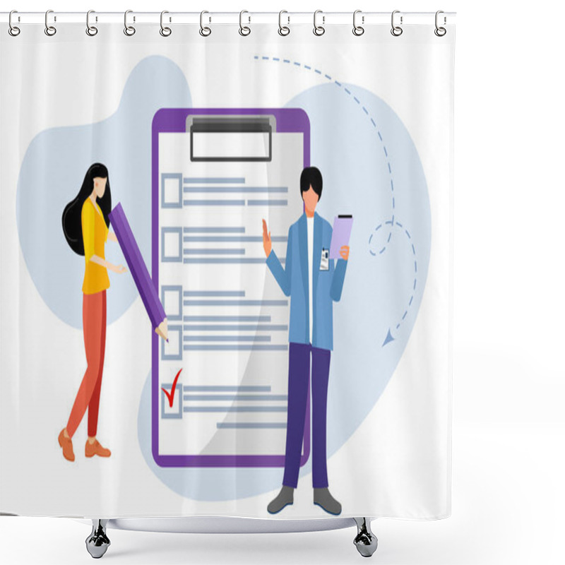 Personality  Checklist. Elections. Girl And Guy With A Checklist And Check Boxes. Business Plan, Marketing Strategy, Survey, Completed Tasks, Teamwork Success Concepts. Modern Flat Design. Vector Illustration Shower Curtains