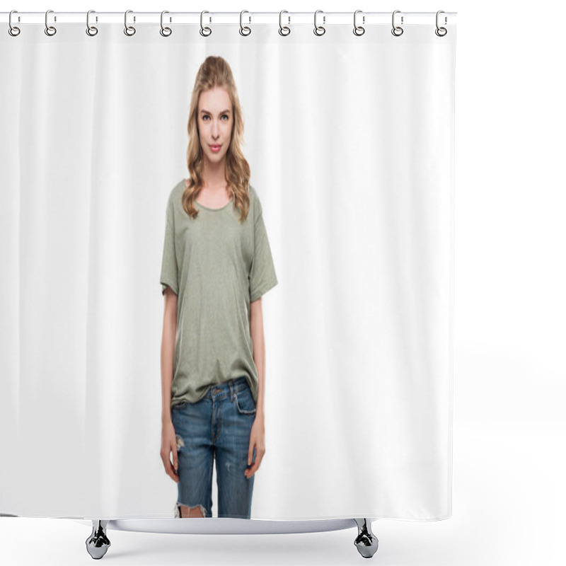 Personality  Attractive Woman Looking At Camera Shower Curtains