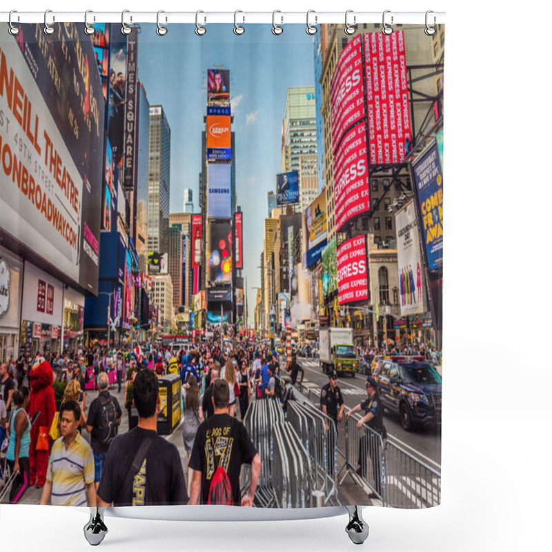 Personality  New York City, New York - May 19th, 2017: Tourists And Pedestrians Explore The Iconic Times Square And Take In The Colorful Sites And Lighted Advertisements And Highrise Buildings Around The Plaza. Shower Curtains