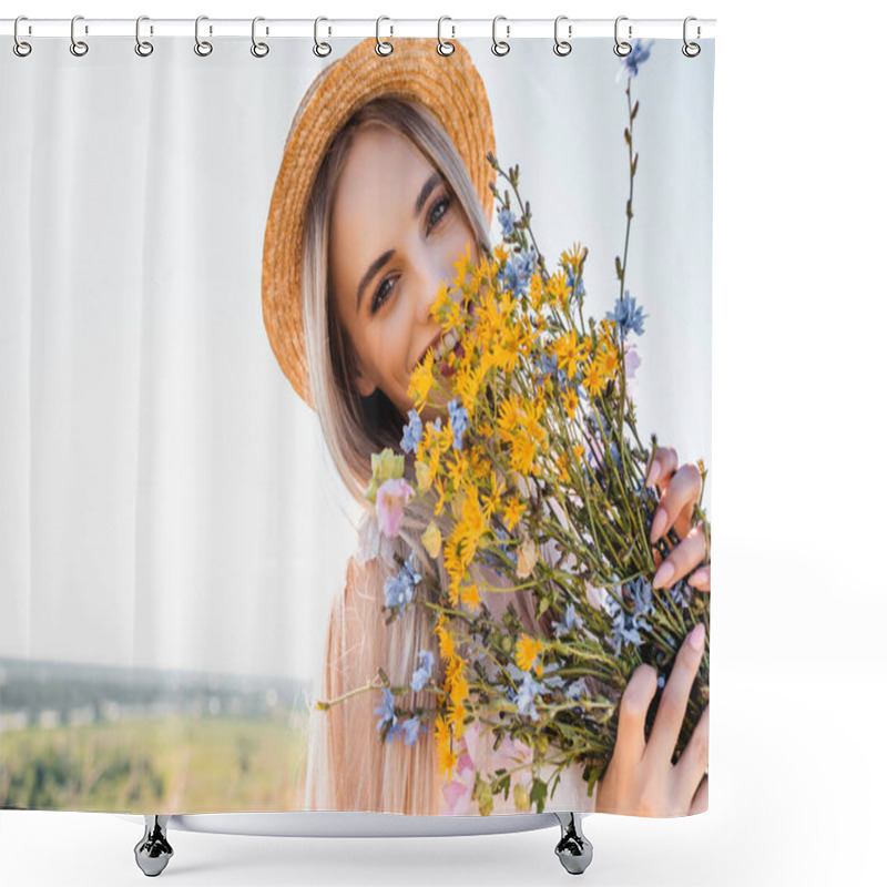 Personality  Blonde Woman In Straw Hat Holding Wildflowers While Looking At Camera Against Clear Sky Shower Curtains