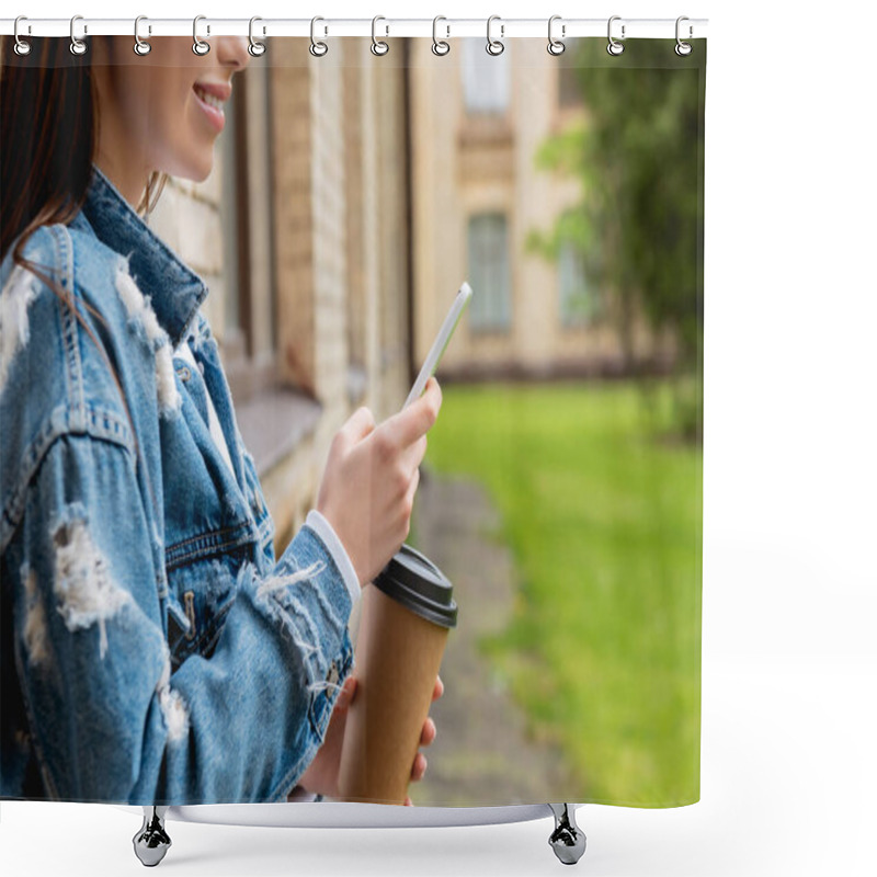 Personality  Cropped View Of Cheerful Student Using Smartphone And Holding Paper Cup Near University Campus  Shower Curtains