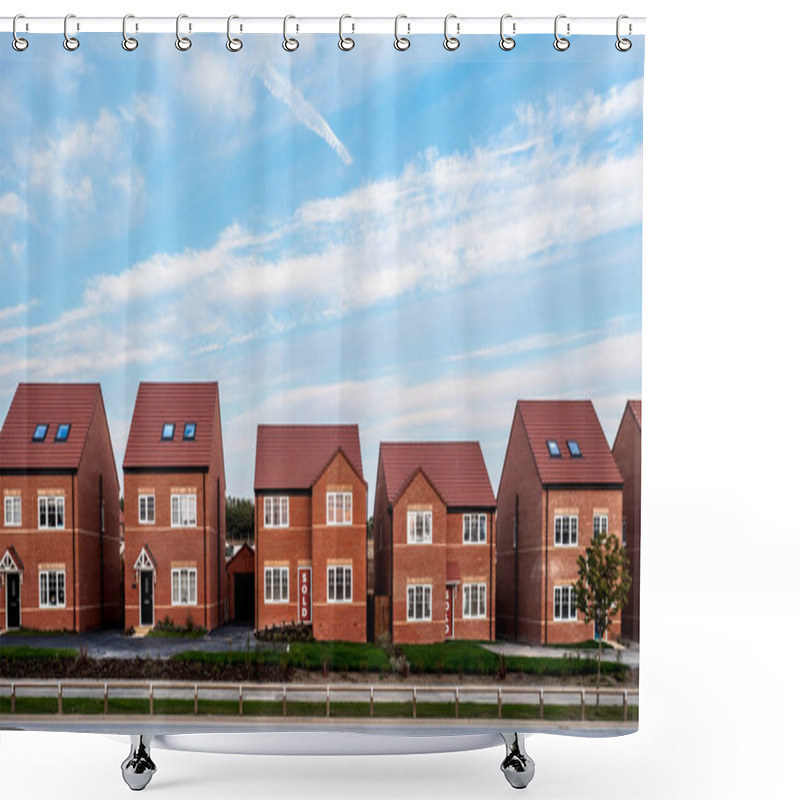 Personality  A Row Of New Build Detached Homes On A Construction Site For The UK Government's Right To Buy Scheme With Sold Sign Shower Curtains