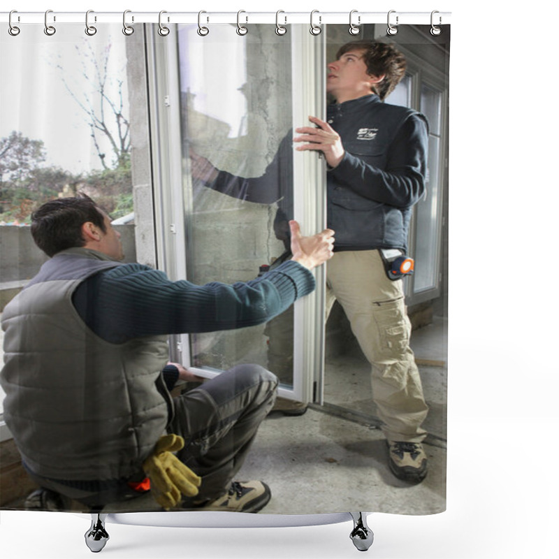 Personality  Two Workers Fitting Window Shower Curtains