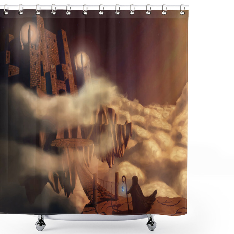 Personality  Dark Castle In Clouds. Fairytale. Fantasy Landscape. Vector Illustration Shower Curtains