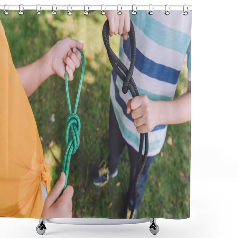 Personality  Cropped View Of Kids Holding Ropes Outside  Shower Curtains