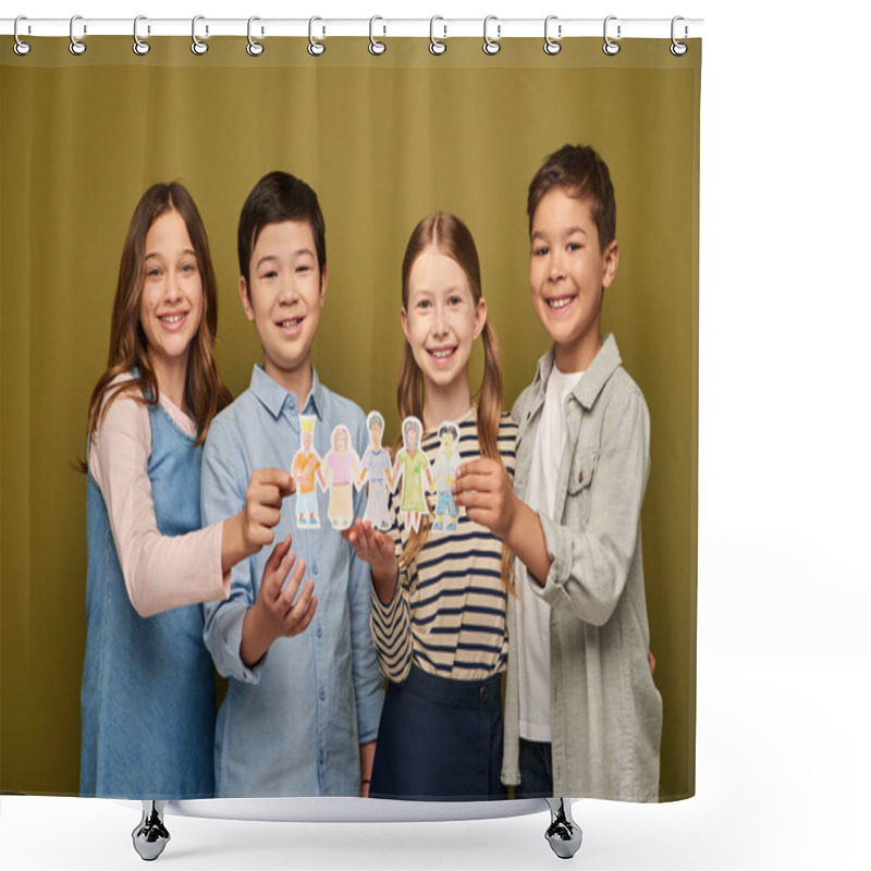 Personality  Preteen Kids In Casual Clothes Holding Drawn Paper Characters And Smiling At Camera During International Child Protection Day Celebration On Khaki Background Shower Curtains