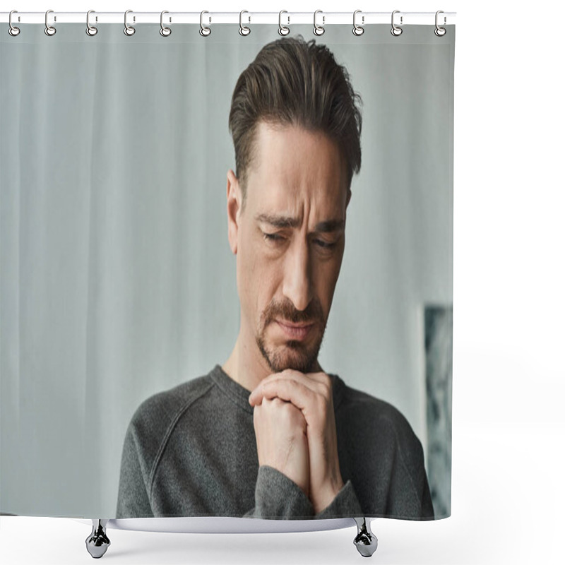 Personality  Sad And Bearded Man In Casual Home Wear Standing With Hands Near Face On Grey Background, Depression Shower Curtains