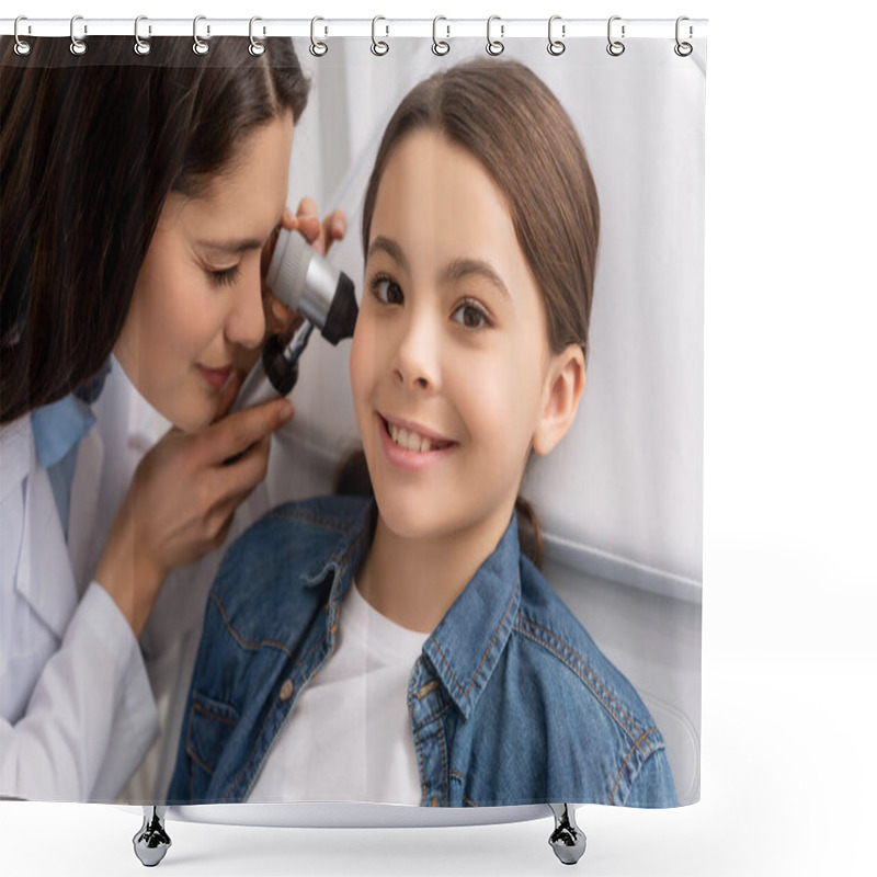 Personality  Attentive Otolaryngologist Examining Ear Of Smiling Child With Otoscope  Shower Curtains