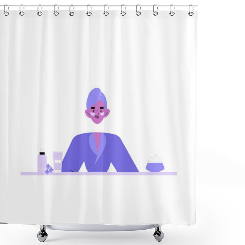 Personality  A Relaxed Female Character With Spa Robe And Head Towel Sits With Beauty Products Around, Representing Skincare, Wellness, And Self Care, Isolated On A White Background. Shower Curtains