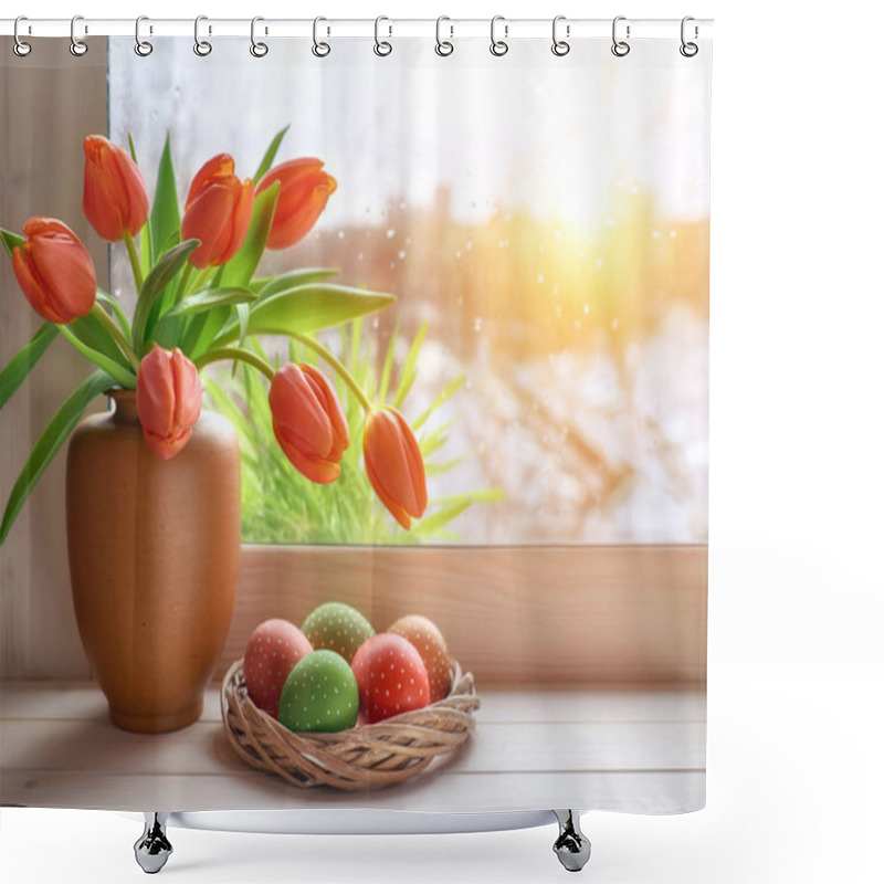 Personality  Spring Background With Green Grass, Easter Eggs And Bunch Of Orange Tulips On Window Board On A Sunset After Rain. Space For Your Text. Shower Curtains