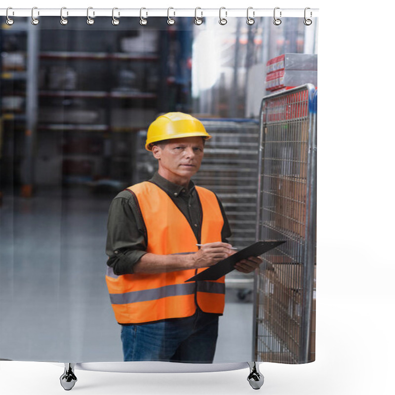 Personality  Middle Aged Supervisor In Hard Hat And Safety Vest Doing Paperwork In Warehouse, Logistics And Cargo Shower Curtains