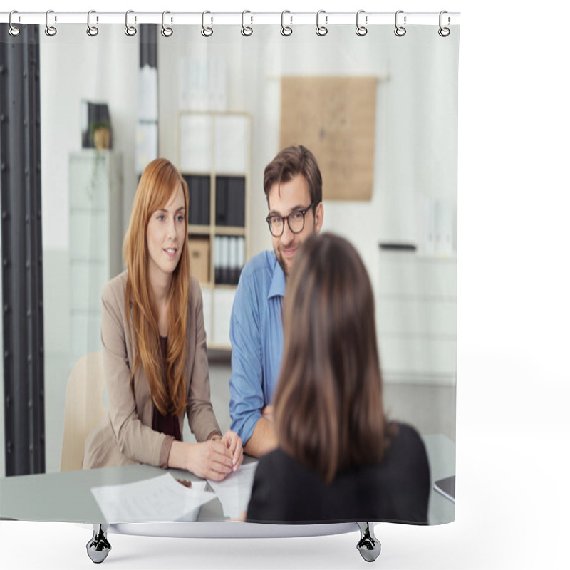 Personality  Investment Broker Meeting With A Young Couple Shower Curtains