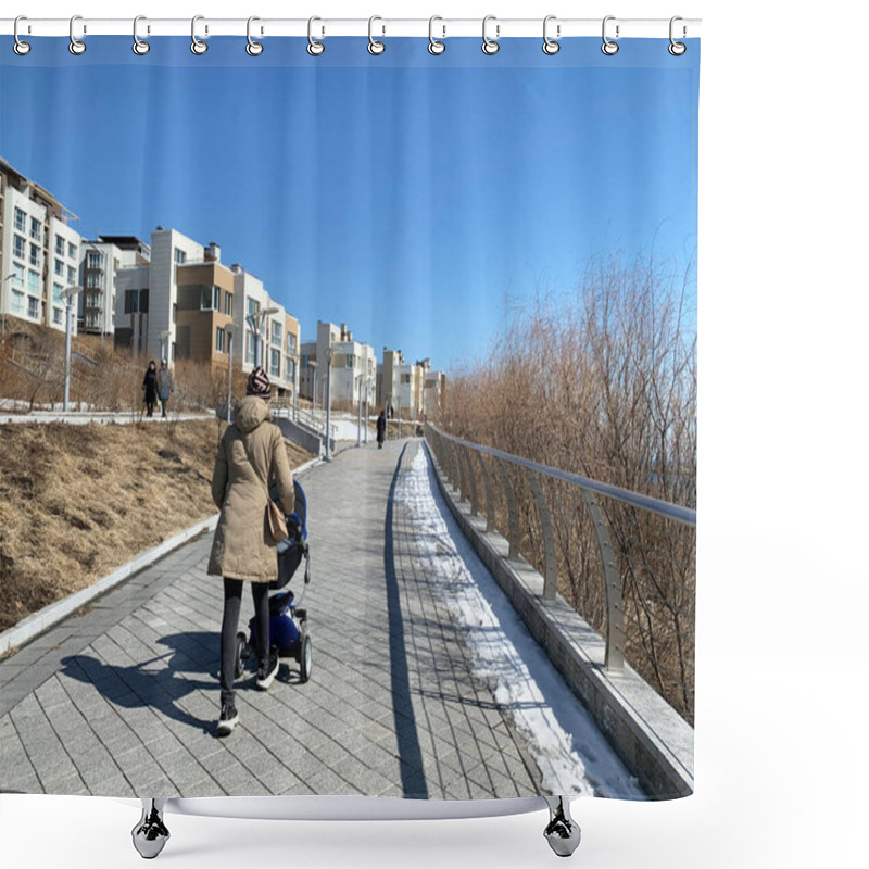 Personality  Vladivostok, Russia, March, 13,2020.  Young Woman With A Stroller Walking Along The Promenade In Patroclus (Patrokl) Bay In Early Spring. Vladivostok, Russia Shower Curtains