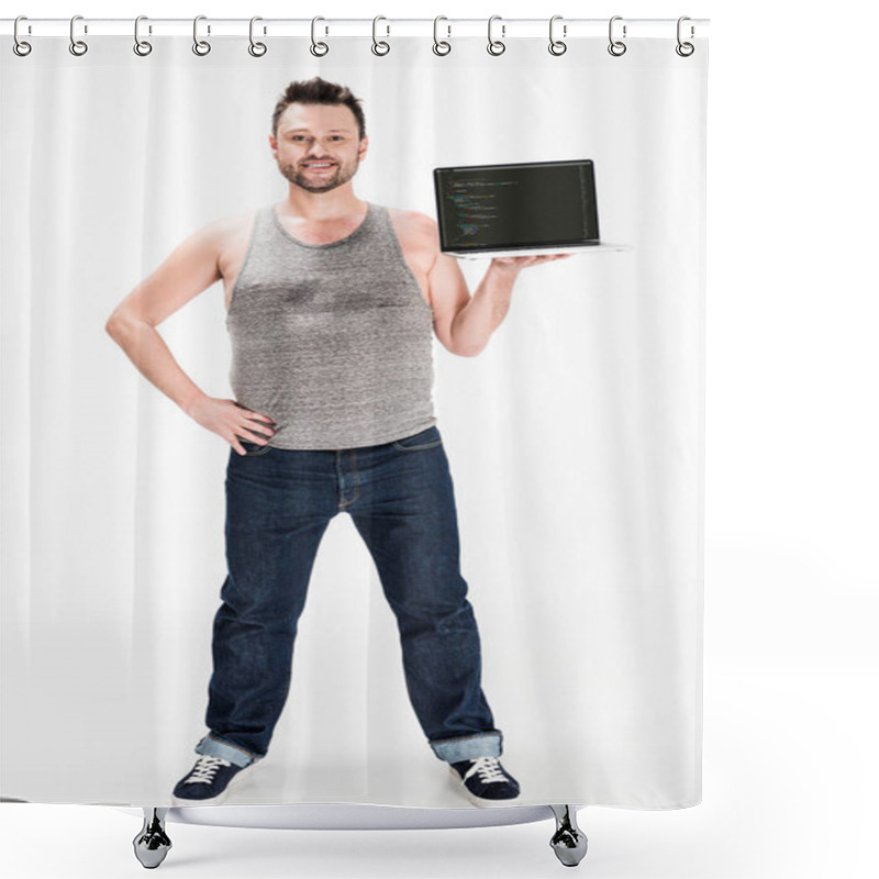 Personality  Smiling Overweight Man Looking At Camera And Presenting Laptop With Microsoft Windows Software On Screen Isolated On White Shower Curtains