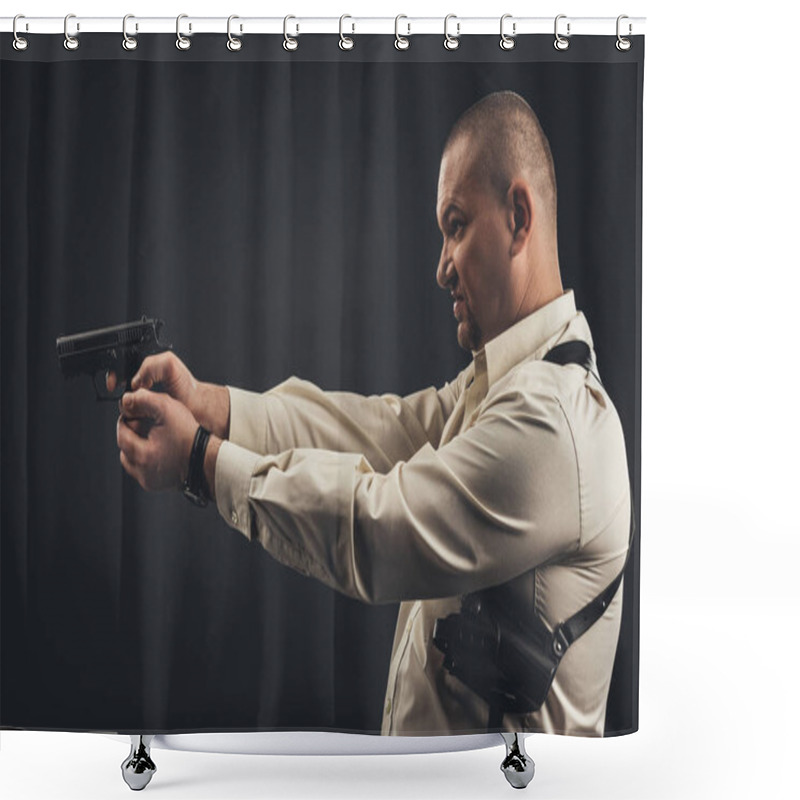 Personality  Side View Of Man In Shirt Holding Gun Isolated On Black Shower Curtains