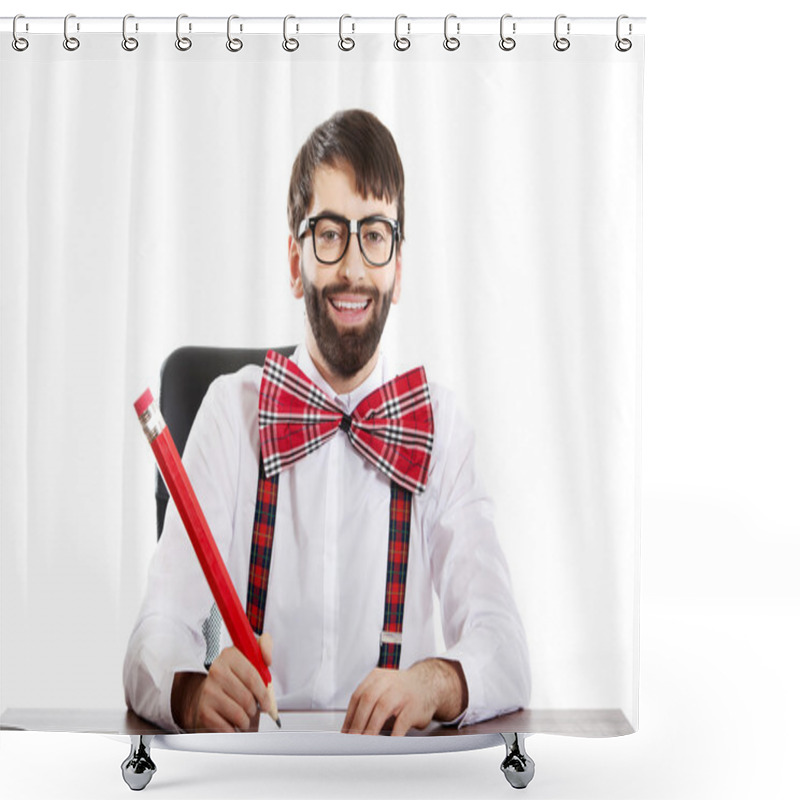 Personality  Young Old Fashioned Man Writing With Big Pencil. Shower Curtains