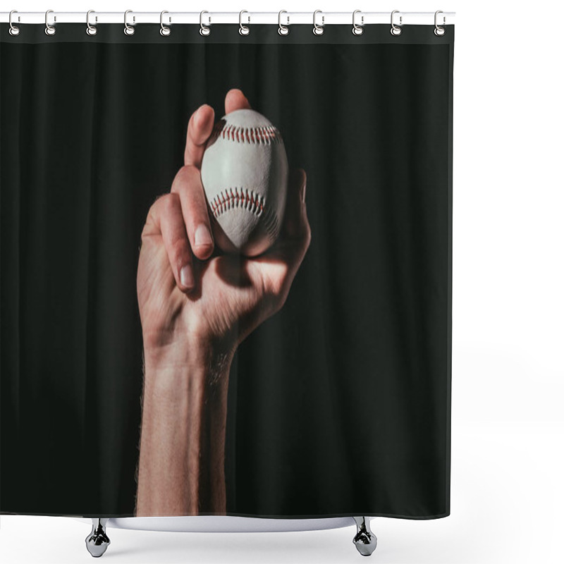 Personality  Partial View Of Sportsman Holding Baseball Ball Isolated On Black   Shower Curtains