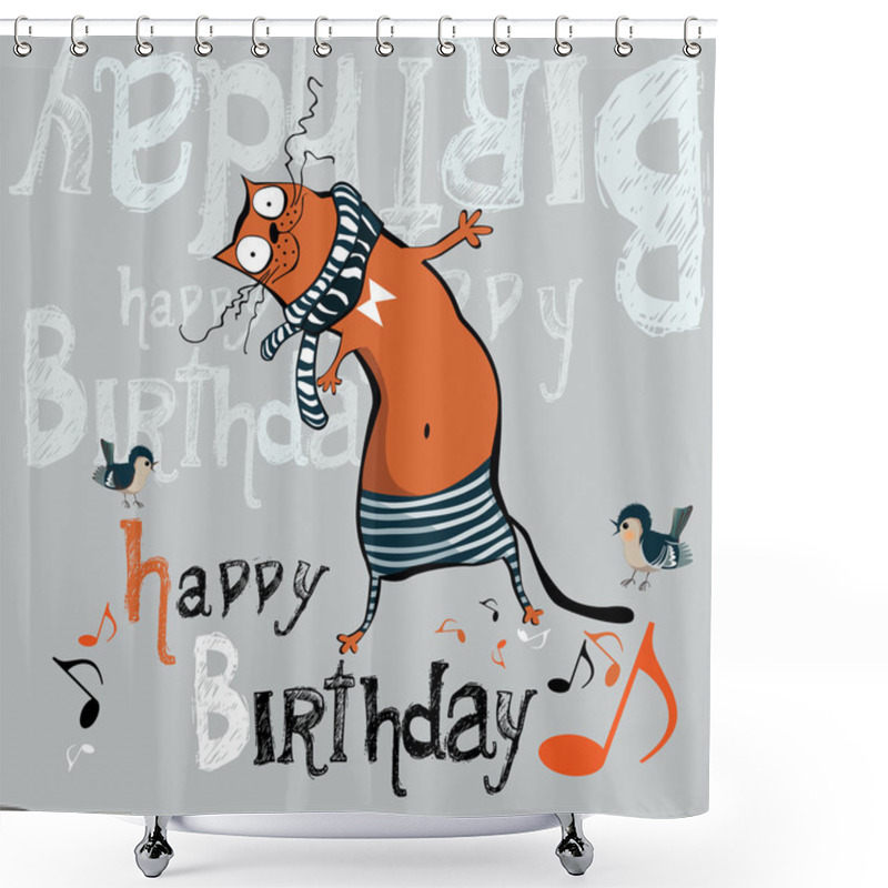 Personality  Happy Birthday Funny Card Cat Shower Curtains