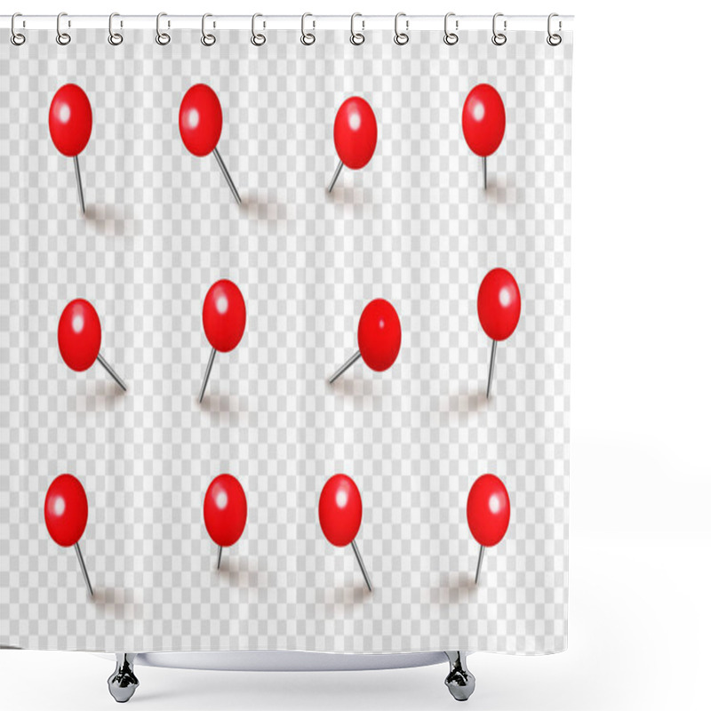 Personality  Realistic Red Push Pins. Board Tacks Isolated On Transparent Background. Plastic Pushpin With Needle. Vector Illustration. Shower Curtains