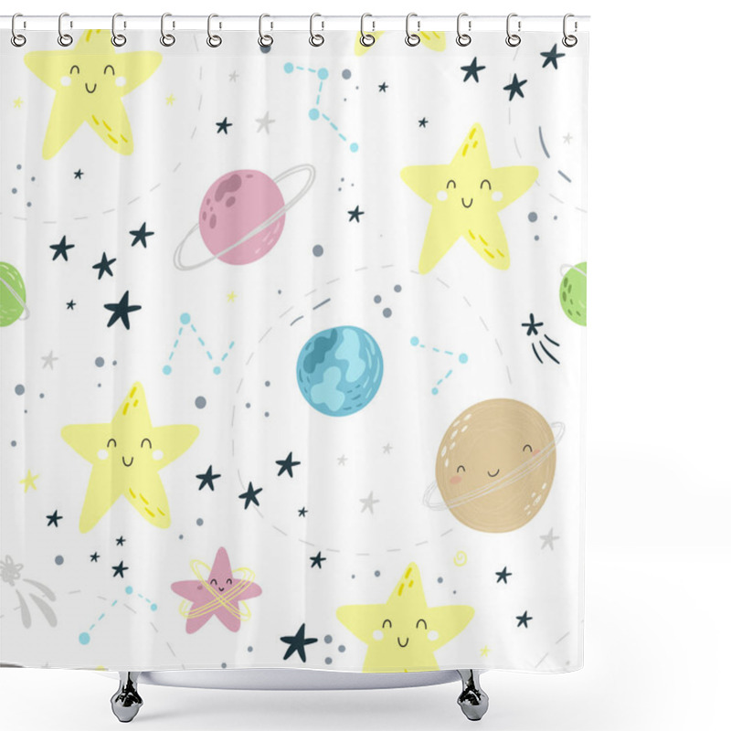 Personality  Seamless Childish Pattern With Cute Cartoon Moon, Stars, Comets And Planet In The Night Sky. Bright Vector Illustration Suitable For Greeting Card, Poster Or Print On A T-shirt. Doodle Illustration For Kids Vector Print. Good Night Vector Pattern Shower Curtains