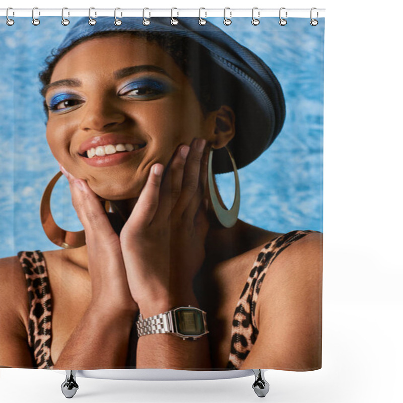 Personality  Portrait Of Cheerful African American Model With Vivid Makeup, Beret And Golden Earrings Touching Cheeks And Looking At Camera On Blue Textured Background, Stylish Denim Attire Shower Curtains