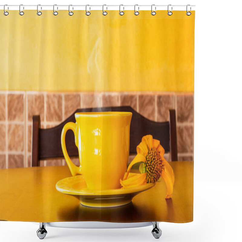 Personality  A Yellow Cup Full Of Coffee, With A Saucer And A Wilted Sunflower, On A Wooden Table With A Chair Back In The Background. Shower Curtains