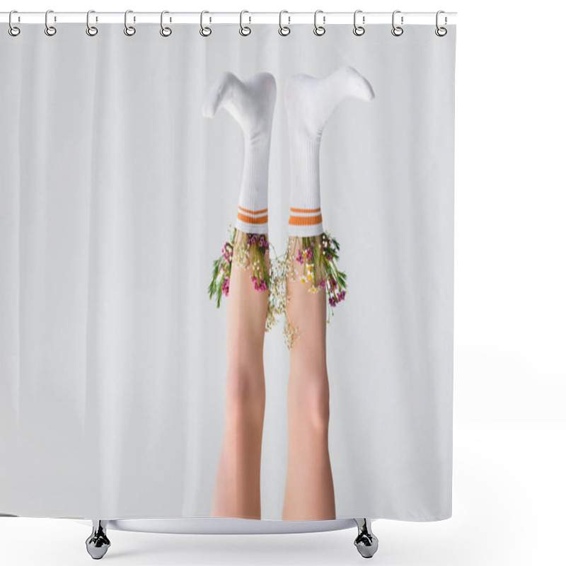 Personality  Upside Down View Of Female Legs With Flowers In Socks Isolated On Grey  Shower Curtains