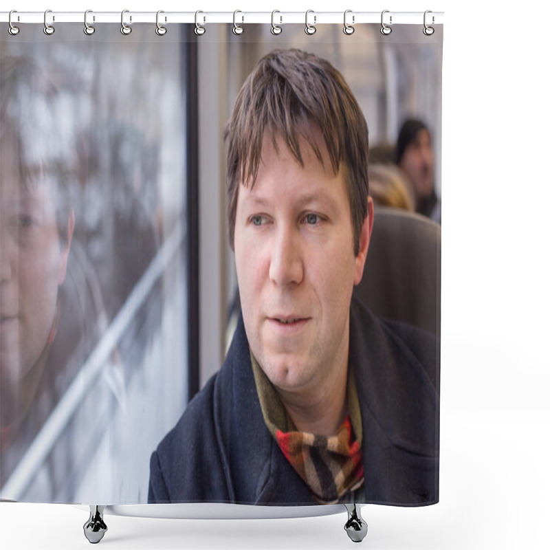 Personality  Young Man Traveling By Train And Looking Out The Window Shower Curtains