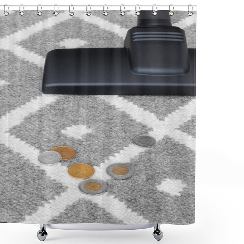 Personality  Vacuum Cleaner And Coins On Gray Carpet Shower Curtains