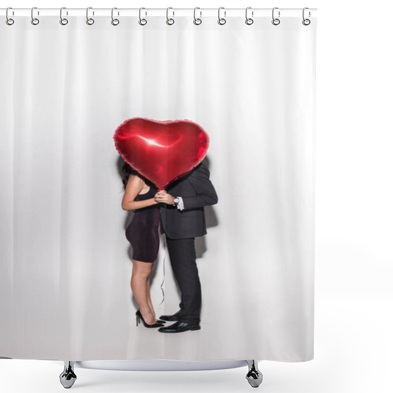 Personality  Couple Holding Red Heart Shaped Balloon In Front Of Face On Valentines Day On White Shower Curtains