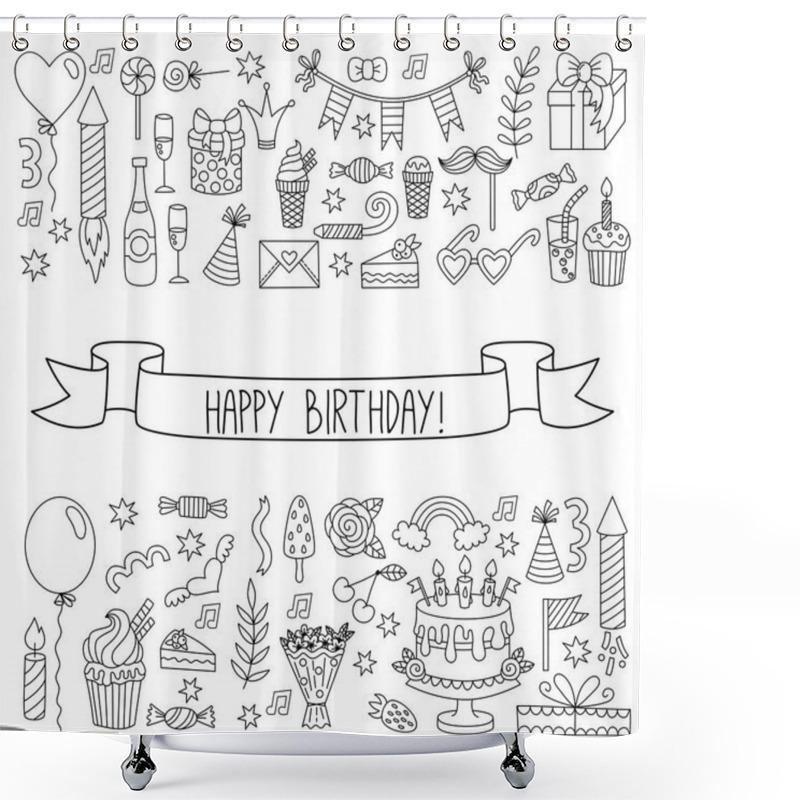 Personality  Monochrome Birthday Party Outline Doodles Collection Shower Curtains