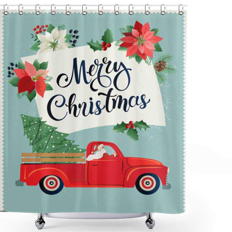 Personality  Merry Christmas And Happy New Year Postcard Or Poster Or Flyer Template With Retro Pickup Truck With Christmas Tree. Vintage Styled Vector Illustration. Shower Curtains