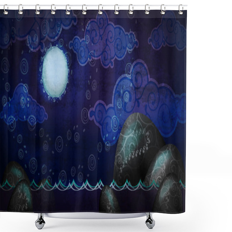 Personality  Cartoon Style Night Seascape With Full Moon And Boulders In The Water Shower Curtains