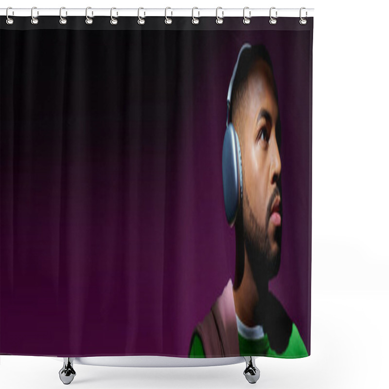 Personality  Young African American Man In Green Sweatshirt With Headphones Looking Away, Fashion Concept, Banner Shower Curtains