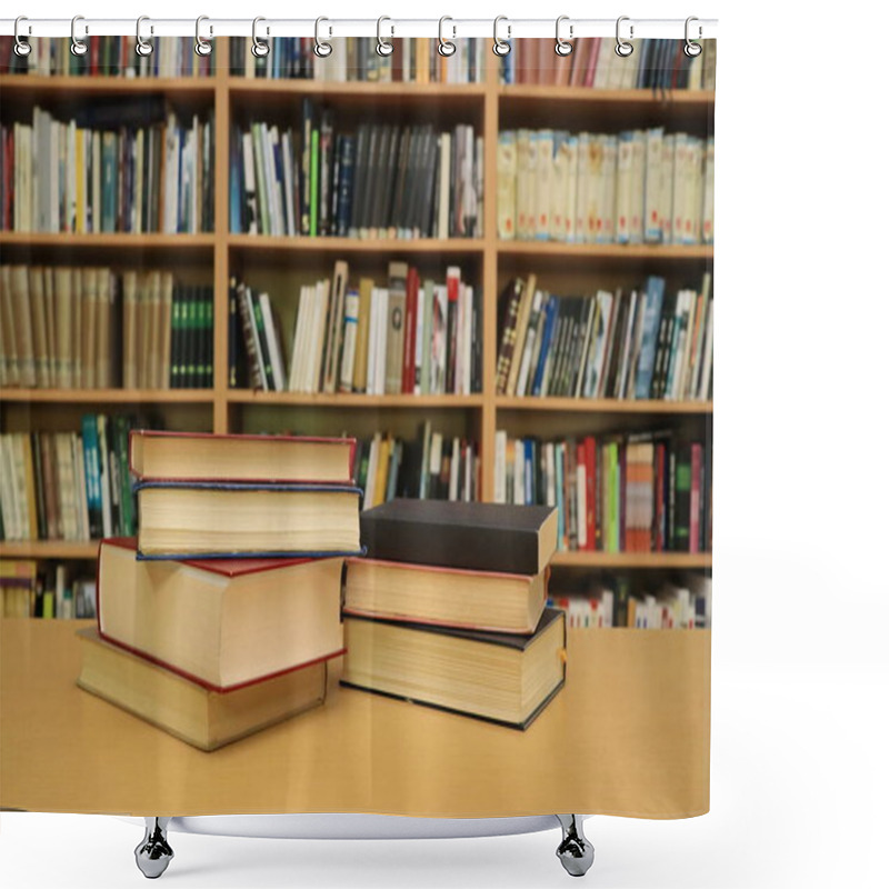 Personality  Stack Of Books On The Table In Library Shower Curtains