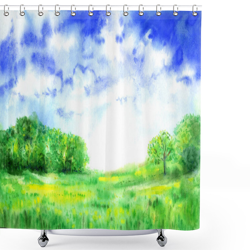 Personality  Summer Landscape With Blue Sky And Green Forest Background Shower Curtains