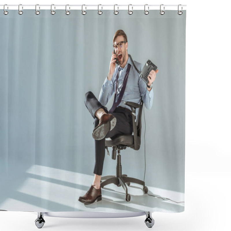 Personality  Young Annoyed Businessman Sitting On Chair And Screaming While Talking On Phone Shower Curtains