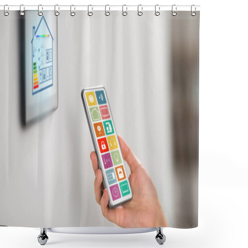 Personality  Hand With Smart Home Icons On Smartphone Screen Shower Curtains