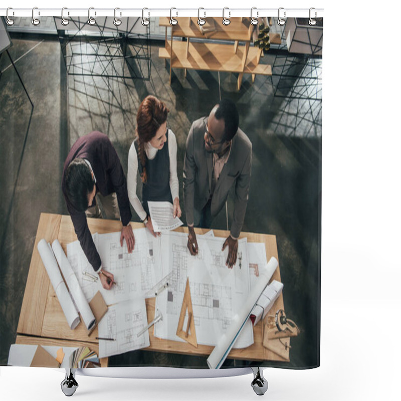 Personality  High Angle View Of Team Of Architects Working With Building Plans At Office Shower Curtains