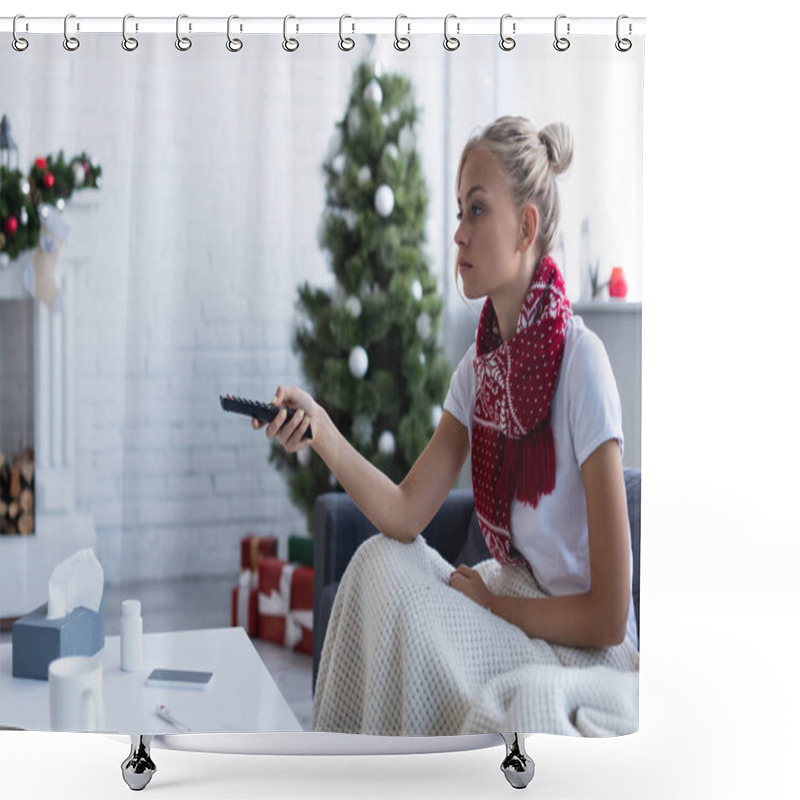 Personality  Sick Woman In Warm Scarf Watching Tv At Home Near Blurred Christmas Tree Shower Curtains